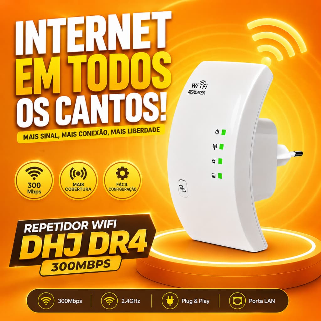 Repetidor WiFi 300Mbps Amplificador Sinal WiFi Extensor Wireless WPS RJ45 2.4GHz Bivolt DHJ DR4