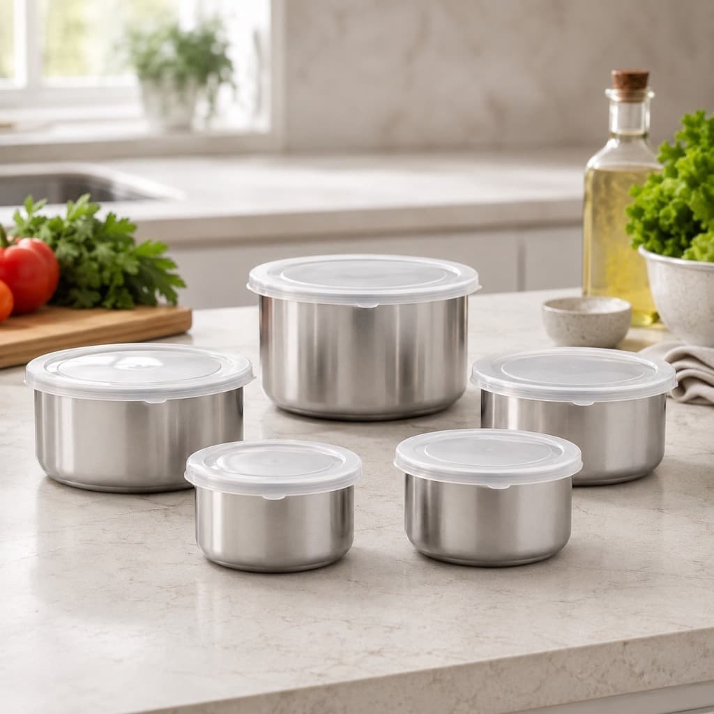 Kit 5 Potes Herméticos Inox Organizadores Cozinha Tampas Vedação Segura