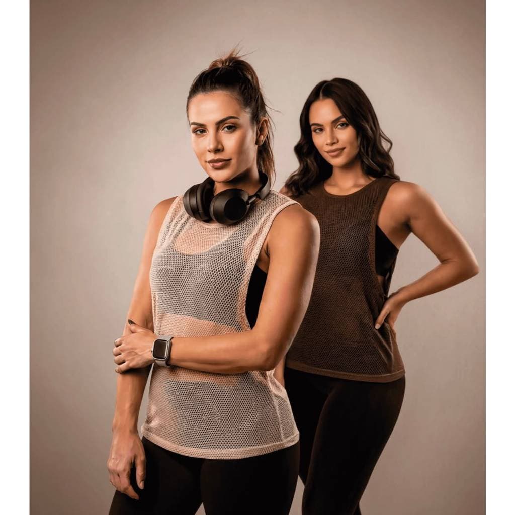 KIT COM 2 MARROM BEGE CAMISETA REGATA FEMININA TELA TULE TRANSPARENTE SOBREPOSIÇÃO ACADEMIA FITNESS