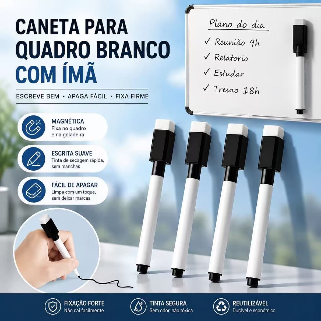 Caneta para Quadro Branco Magnética com Apagador Integrado Marcador para Lousa Reutilizável Escola Escritório