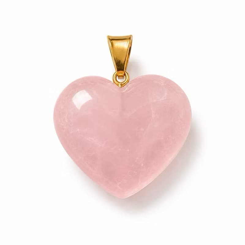 Pingente Quartzo Rosa Natural Coração Banhado a Ouro Grande e Mini Cristal Natural