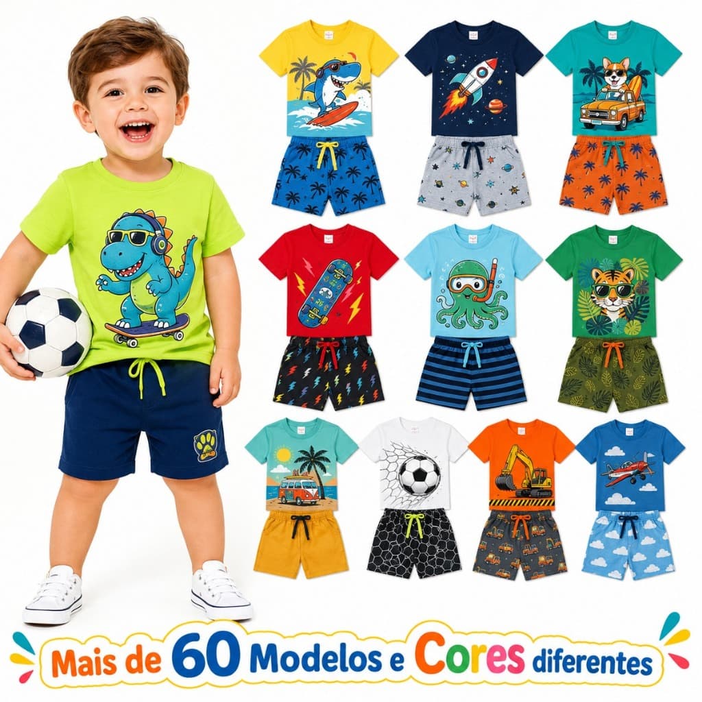 Kit Sortido 2 ou 4 Peças De Roupas de Menino Verão - Conjunto de Verão Masculino- Kit com 2 ou 1 Conjuntos