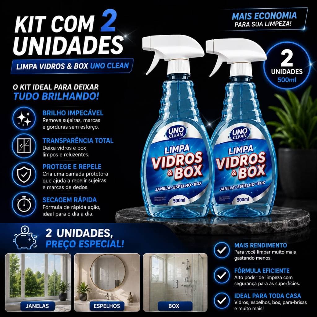Kit com 2 Limpa Vidros e Box Blindex Banheiro 500ml Remove Calcário Mancha Espelho Vidraça Brilho Imediato