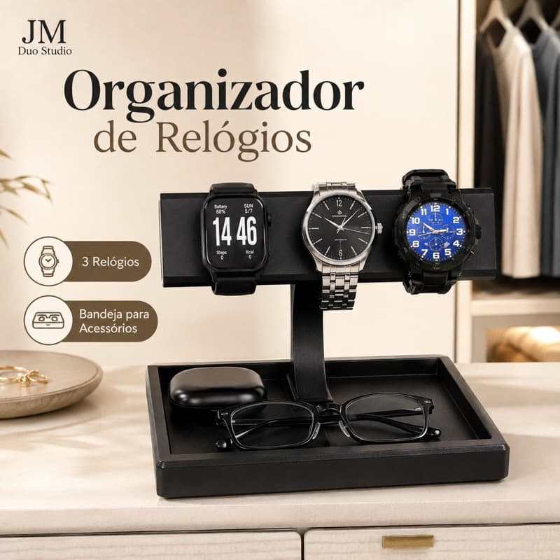 Suporte Expositor para 3 Relógios e Smartwatch com Bandeja Organizadora para Óculos e Acessórios