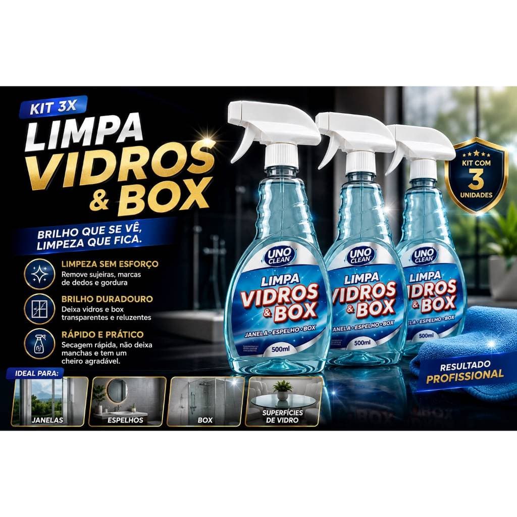 Kit 3 Limpa Vidros e Box Blindex Banheiro 500ml Remove Calcário Mancha Espelho Vidraça Brilho Imediato