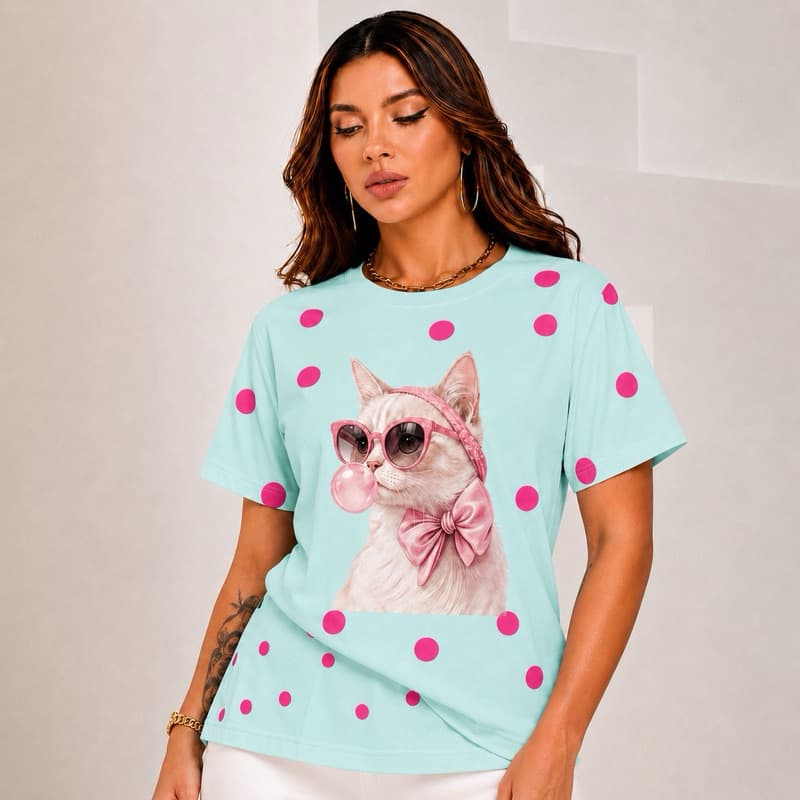 Camiseta Feminina Estampada Gato Fofo Bubble Gum Algodão Premium Manga Curta Gola Canelada Casual Moda Trend
