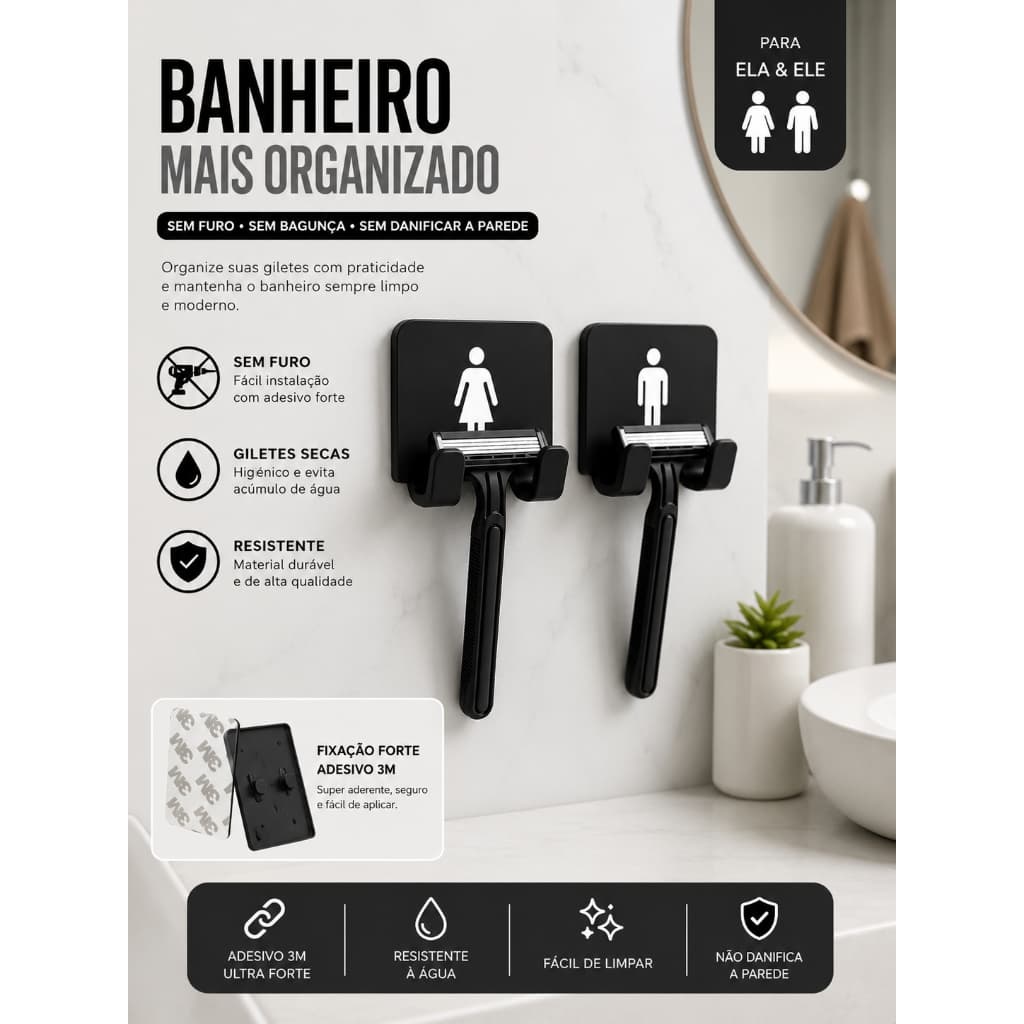 Kit  Suporte Gillete 3M Sem Furar Parede Fixação Forte Porta Barbeador Banheiro Resistente