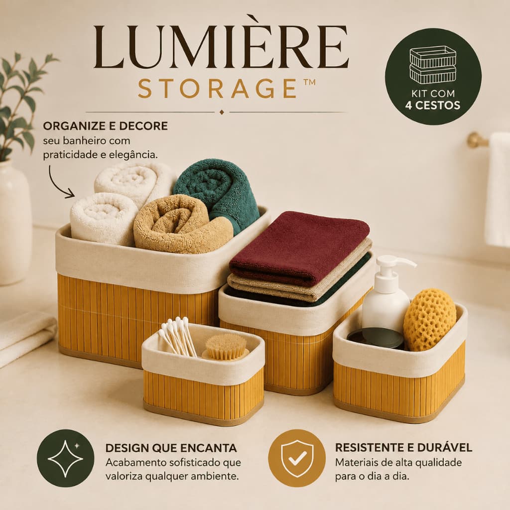 Kit Organizador Multiuso em Bambu (4 Peças) Lumière Storage™