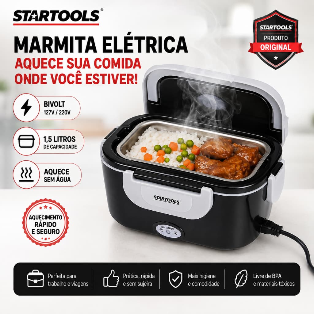 Marmita Elétrica Portátil Bivolt 1,5L Lunch Box Aquece Comida Sem Água Recipiente Inox Tampa Hermética