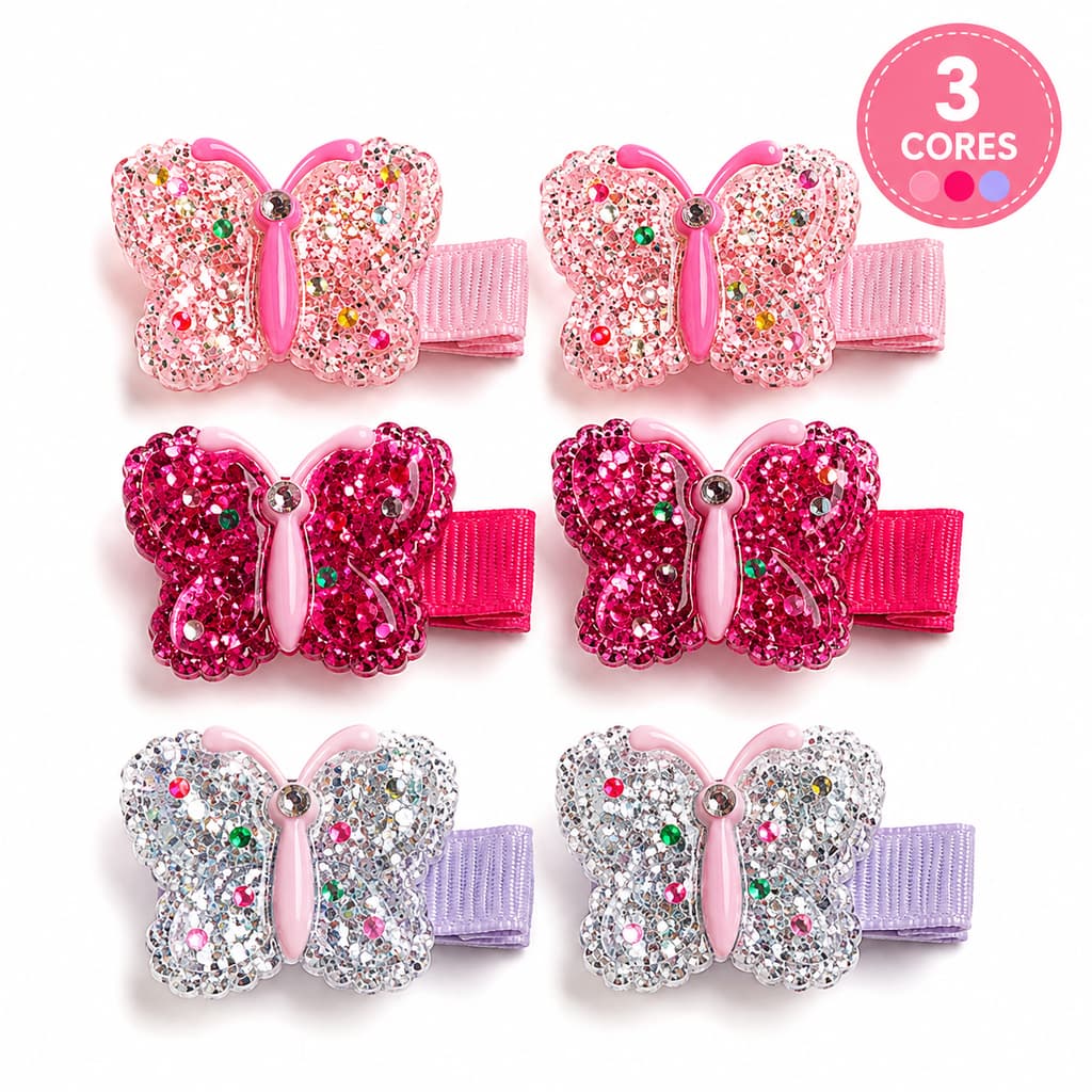 Kit 2 Presilhas Borboleta Glitter Infantil Antiderrapante Menina Lacinho Infantil