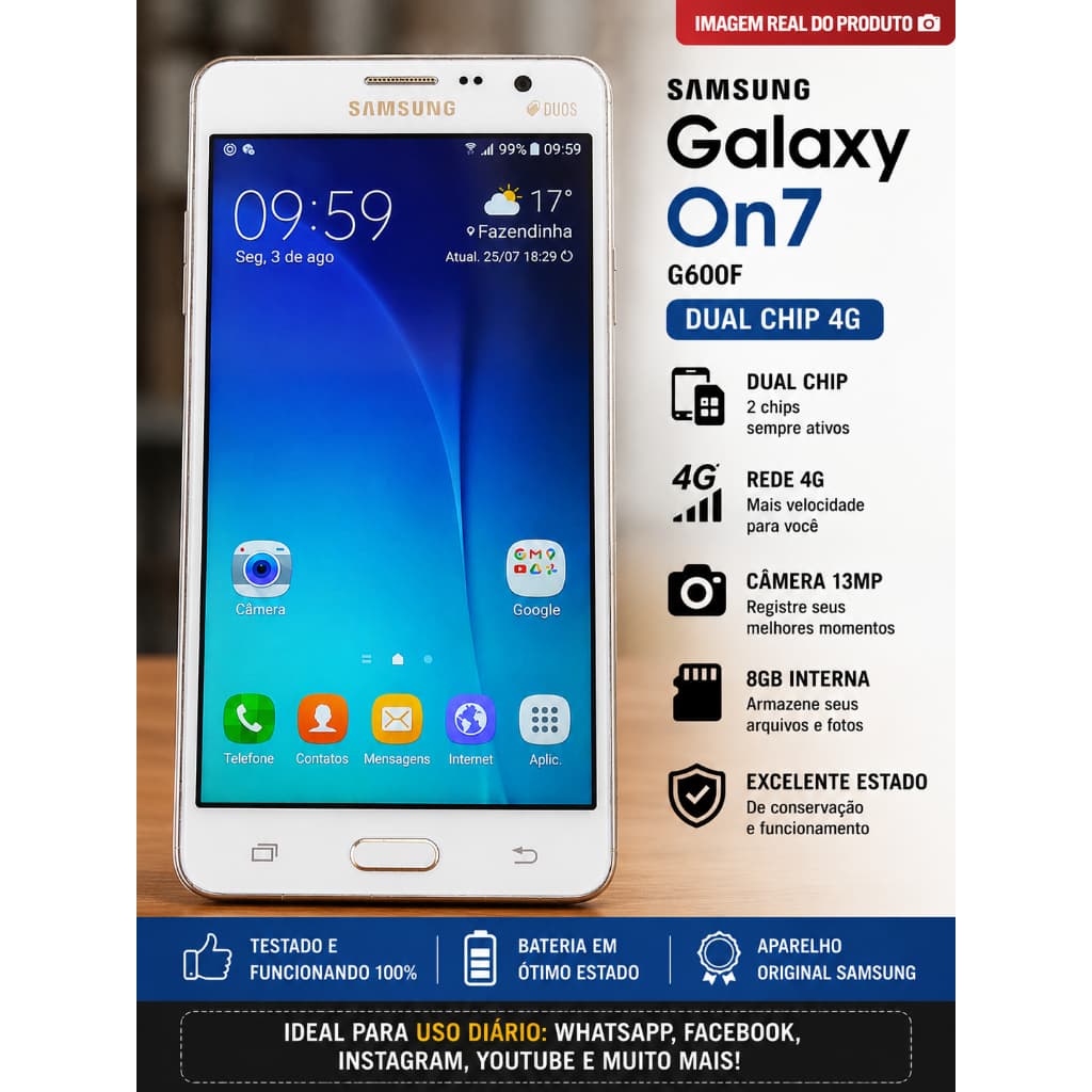 Celular Samsung Galaxy On7 G600F Dual Chip 4G 8GB Branco Original Android 13MP Excelente Estado Funcionando