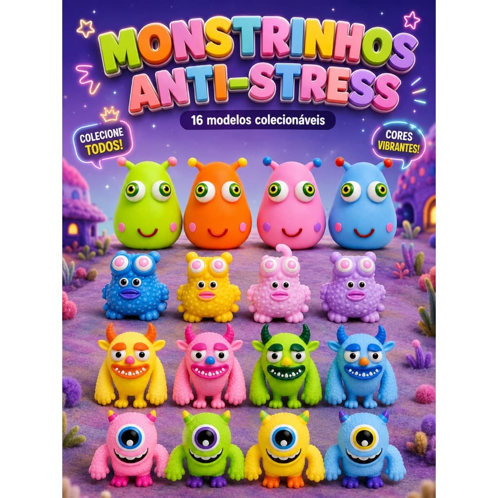 Squishy Monstrinhos e Aliens Antiestresse Brinquedo Sensorial 4 Modelos Colecionáveis Cores Sortidas