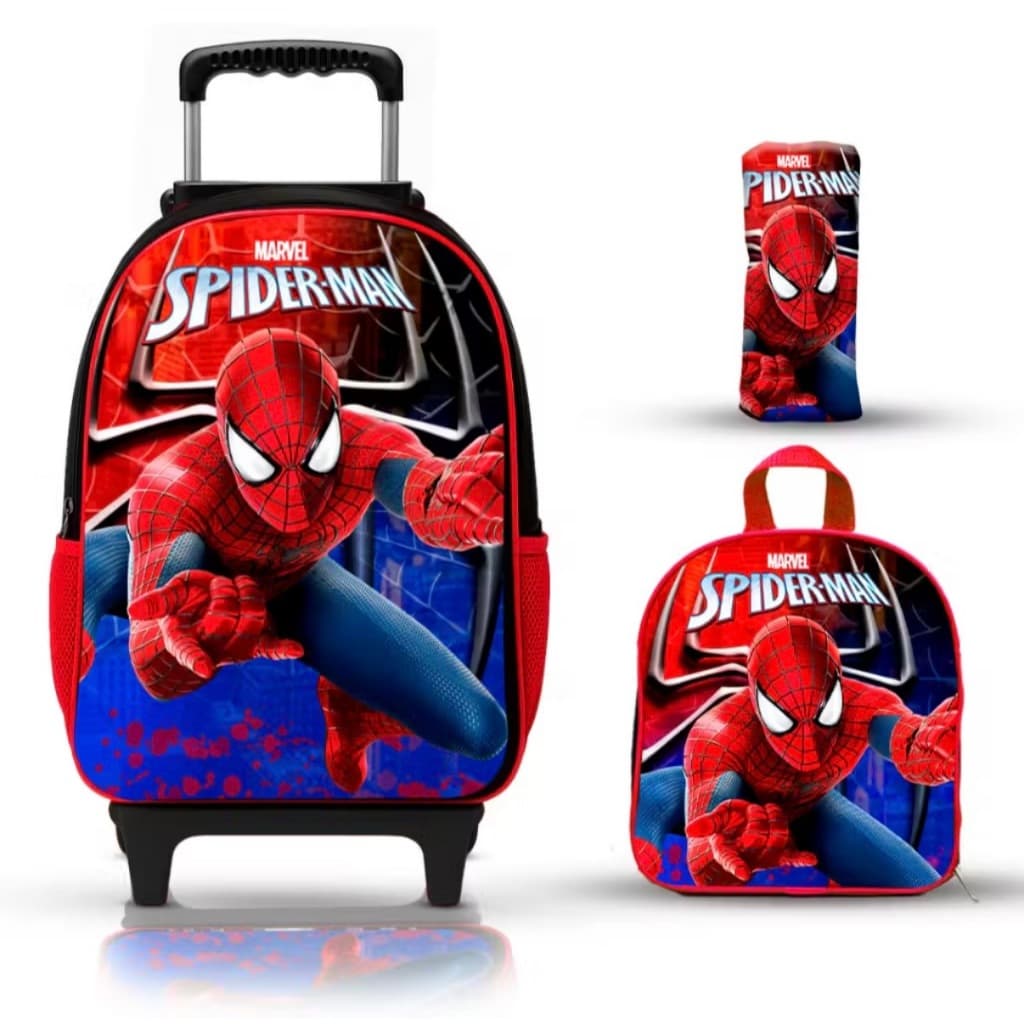 KIT MOCHILA ESCOLAR HOMEM ARANHA E PERSONAGENS LANCHEIRA ESTOJO MOCHILA DE COSTA COM RODINHA