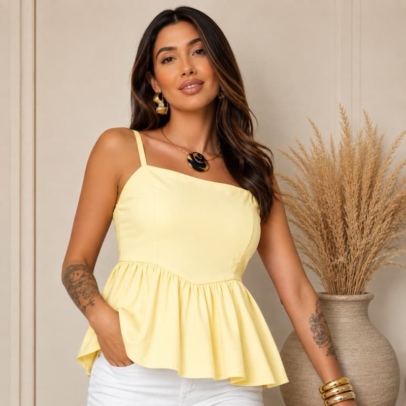 Blusa Bata Blusinha Cropped Elástico com Babado Soltinha Peplum Moda Gringa Tendência Verão