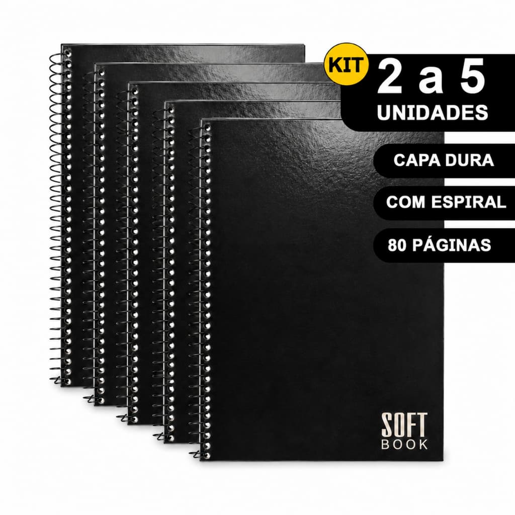 Kit 2 a 5 Cadernos Capa Dura 80 Páginas Espiral Preto Universitário Escolar Faculdade Escritório