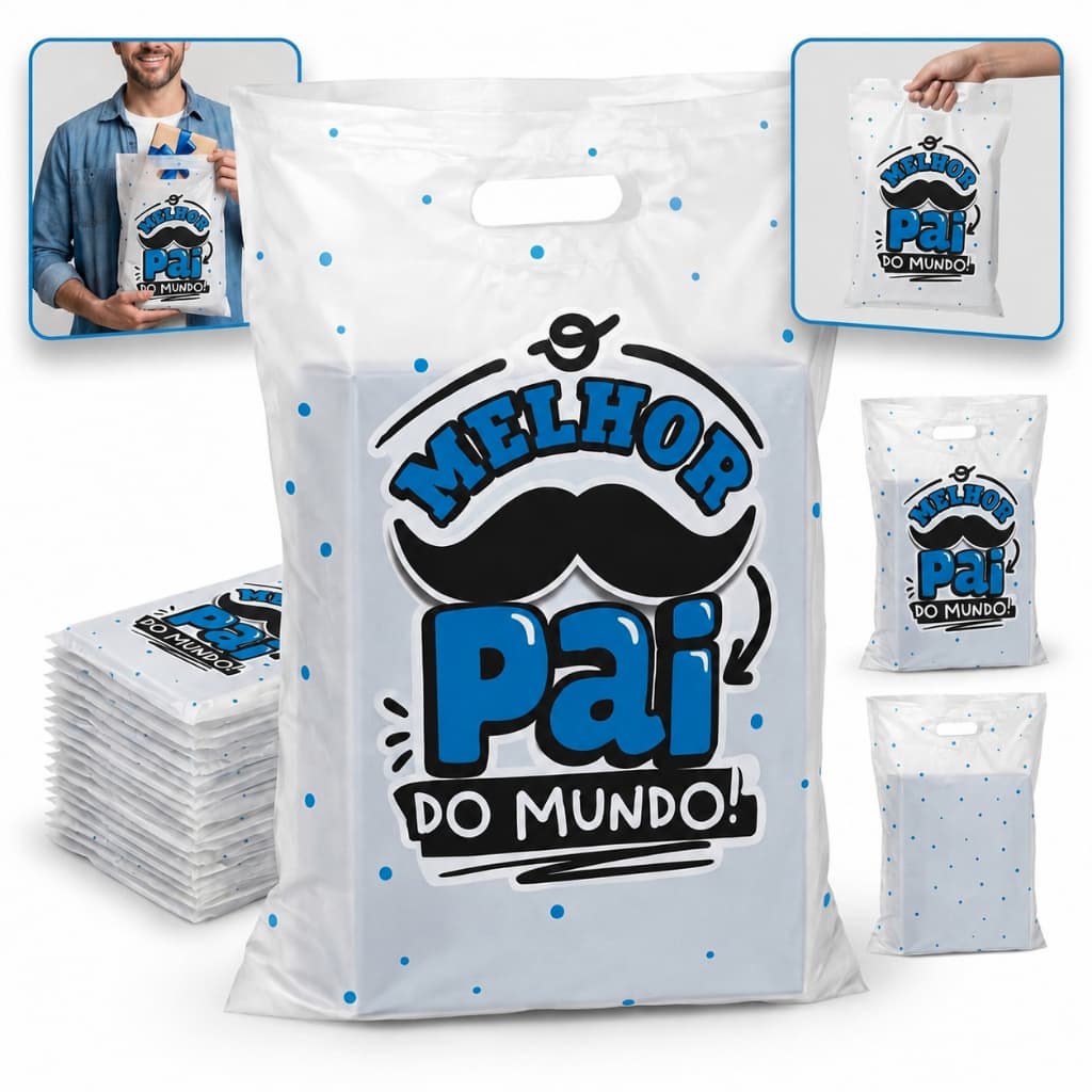 Pacote 50 Sacolas Personalizadas Presente Feliz Dia dos Pais P/ Loja 20x30 e 30x40