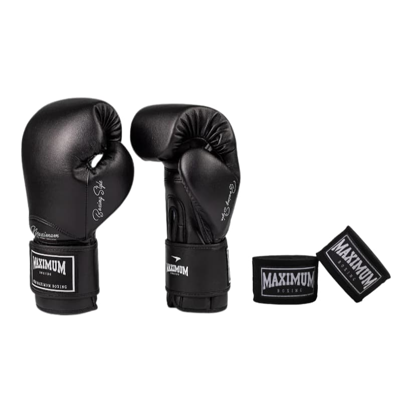 LUVA PRETA CLASSIC E BANDAGEM PRETA 3 METROS MAXIMUM BOXING- BOXE/MUAY THAI