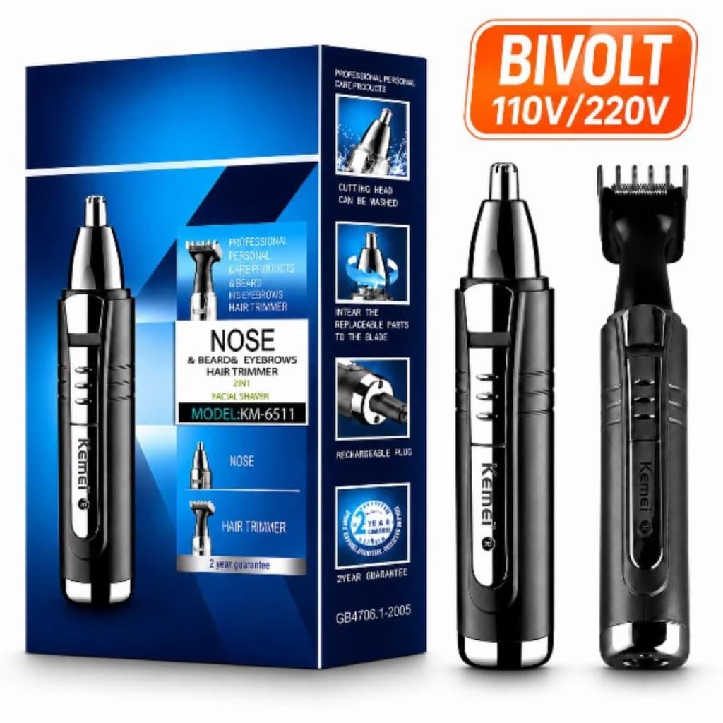 Aparador de Pelos Nariz Orelha Barba Elétrico Recarregável 2 em 1 Átomo MO-L-6511 Bivolt Lavável