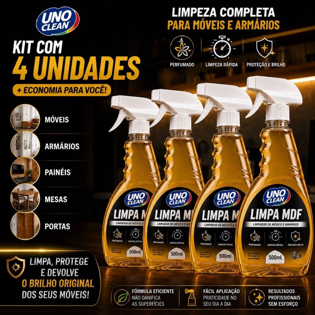 Kit 4 Spray Limpa MDF 500ML Perfumado Lustra Moveis Planejado Armário Sala Cozinha Racks Guarda Roupa MDF