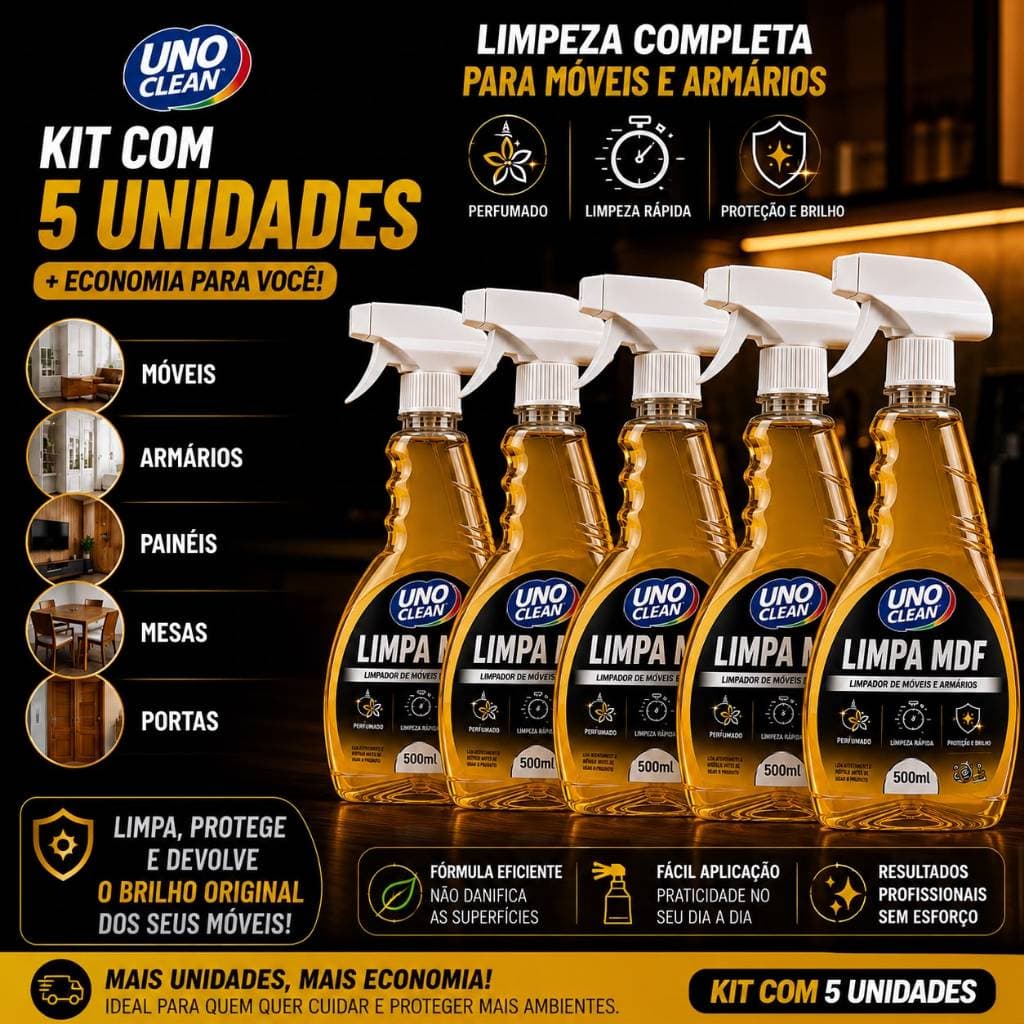 Kit com 5 Limpa MDF 500ml Spray Perfumado Limpeza Rápida Móveis Armários Remove Sujeira Gordura Não Danifica