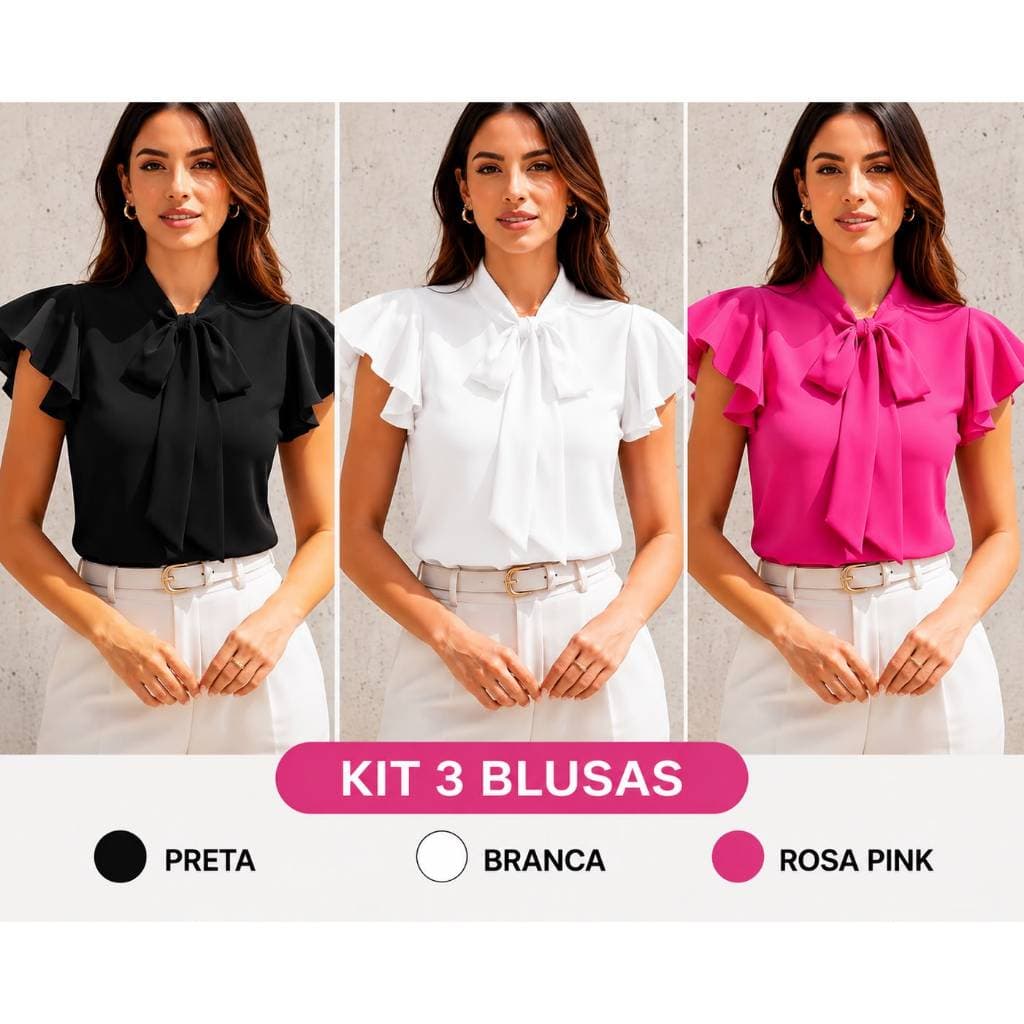 Kit 3 Blusas Femininas Manga Godê Gola Laço Elegante Estilosa Social Moda Evangélica Trabalho (B GODE)