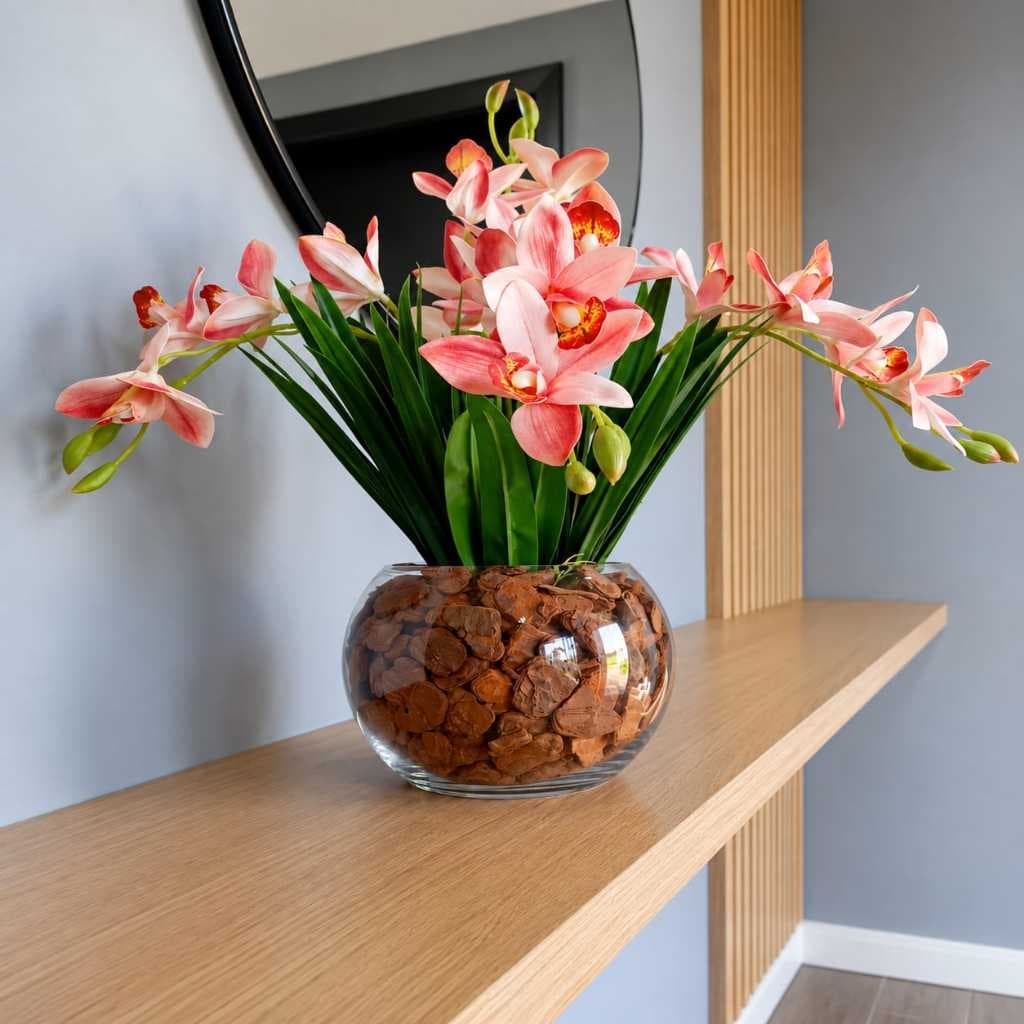 Arranjo Orquídeas Cymbidium Rosa com 5 Hastes em Silicone Artificial Real ao toque em Vaso Lagoon com Cascas 45cm