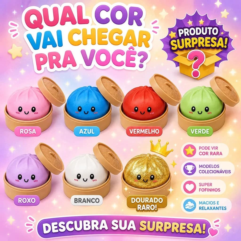 Squishy Bolinho Baozi com Glitter Caixa Misteriosa Brinquedo Antiestresse Sensorial Kawaii Presente Criativo Fidget
