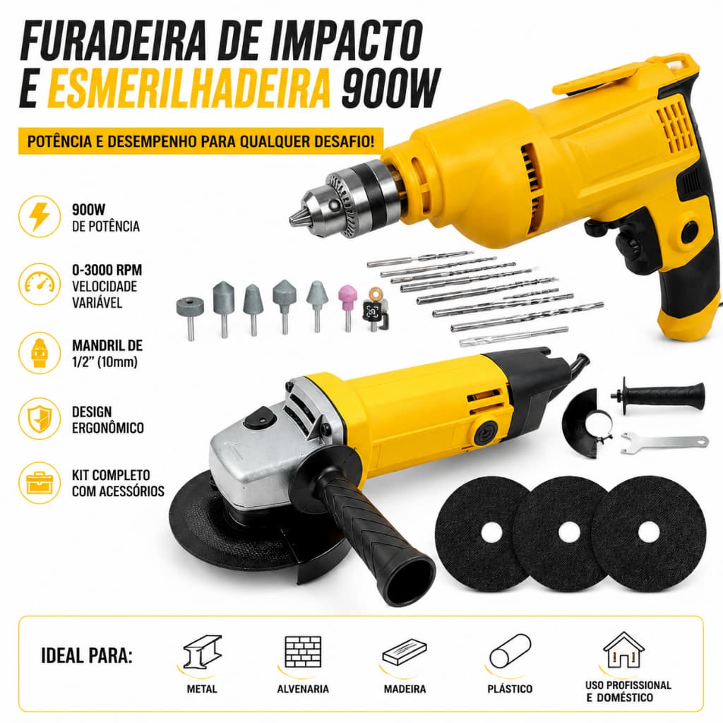 Furadeira de Impacto e Esmerilhadeira 900W Kit Completo 110V/220V com Acessórios para Corte, Perfuração, Desbaste e Poli