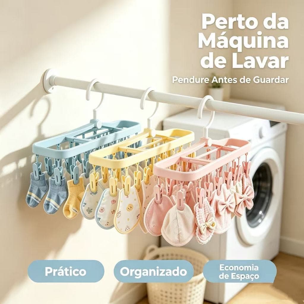 Cabide Secador Dobrável com 10 Prendedores, Organizador para Meias, Roupinhas de Bebê e Peças Pequenas