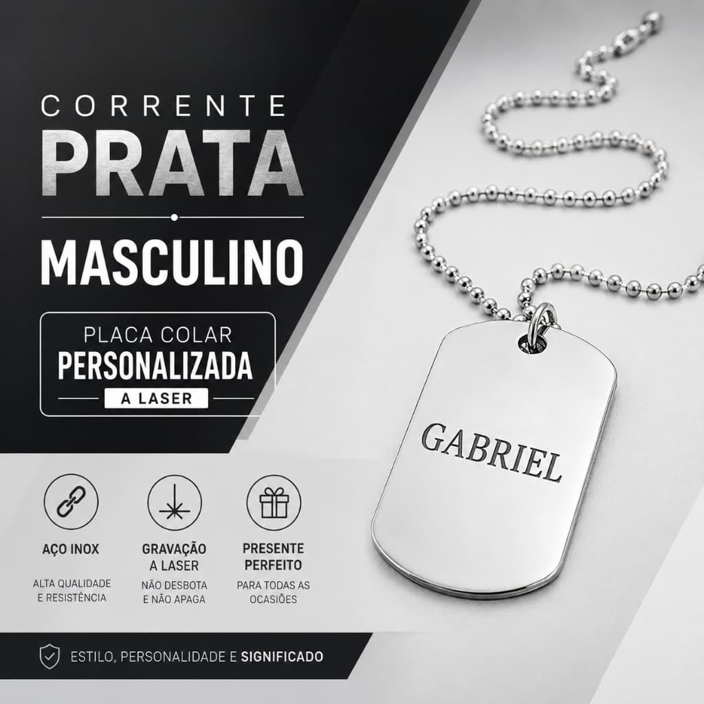 Corrente Prata Masculina Militar com Placa Colar Personalizada a Laser | Aço Inox