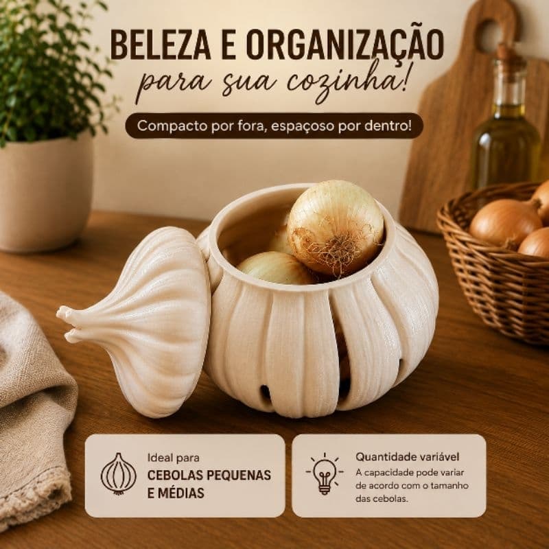 Organizador Porta Cebolas Bege com Tampa Ventilado Decorativo para Bancada Cozinha
