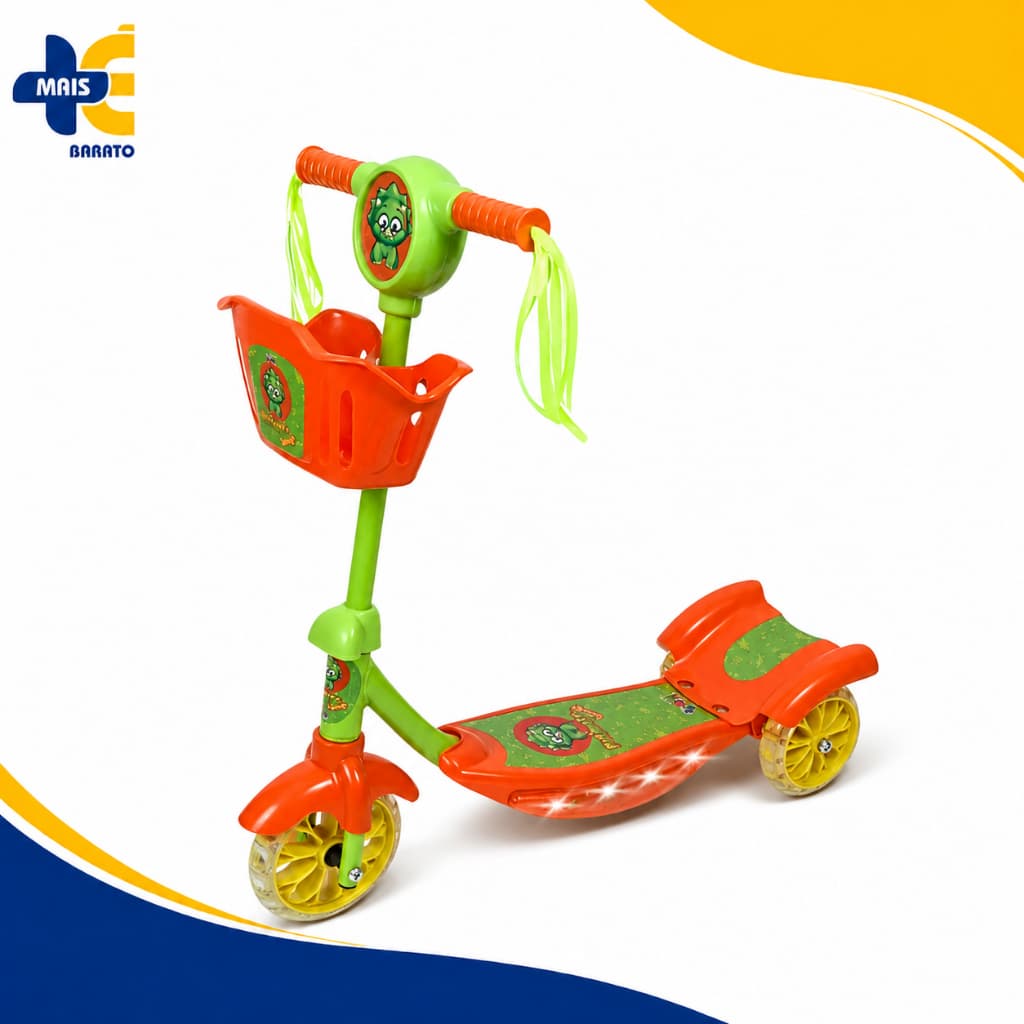 Patinete Infantil 3 Rodas com Luz LED Música Cesto e Altura Ajustável