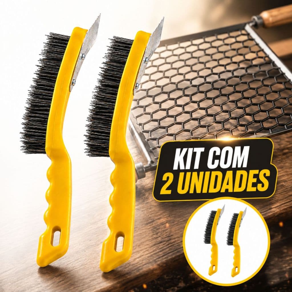 Escova de Aço com Raspador para Limpeza de Grelha Churrasqueira e Remoção de Gordura