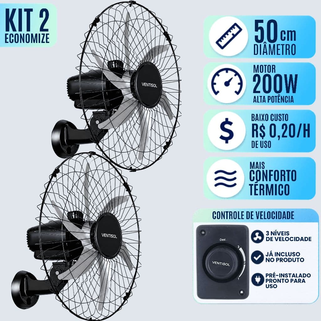Ventilador De Parede 50cm 110v e 220v Ventisol ( Kit 2 Un ) Stell 6 Pas - Ideal Para Academia Igreja