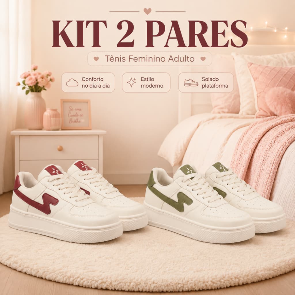 Kit 2 Pares Tênis Feminino Casual Solado Alto Estiloso Conforto no Dia a Dia