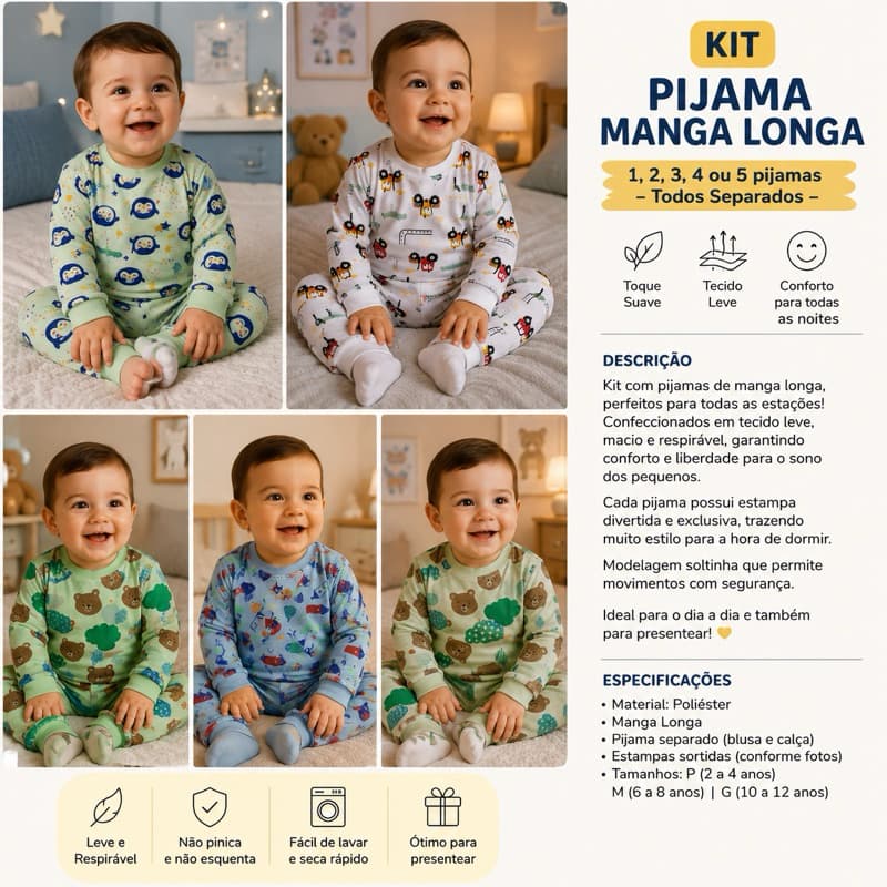 Pijama Infantil Bebê Manga Longa Menino Estampado Poliéster Confortável Tam. M e G