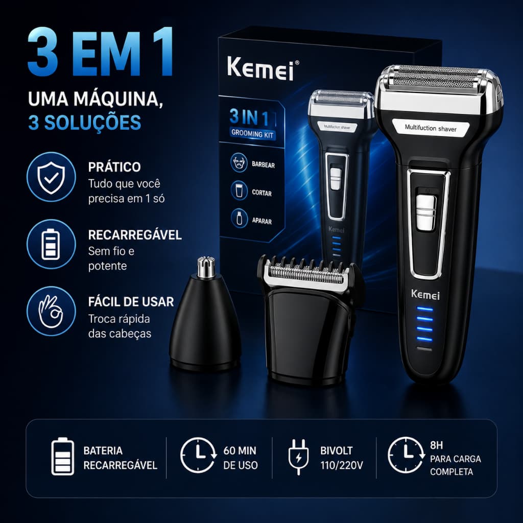 Aparador de Barba Elétrico Kemei 3 em 1 Barbeador Máquina Cortar Cabelo Aparador Nariz Recarregável KM6558