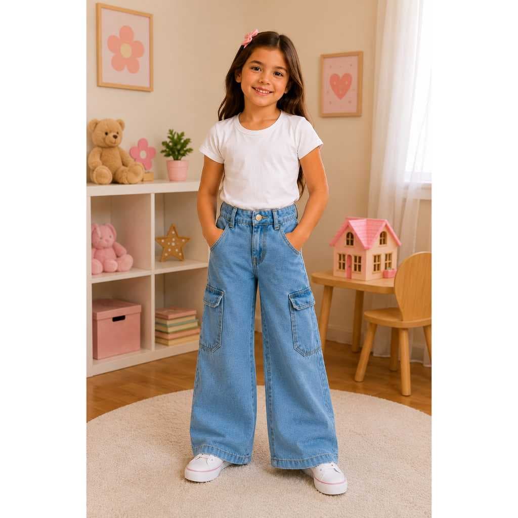 Calça Cargo Infantil Tecido: Jeans macio e resistente Modelagem: Wide Leg (perna ampla) Cintura: