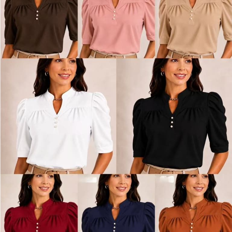 Blusa Feminina Clássica Gola V com Botões Manga Curta