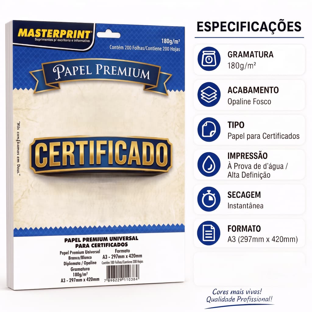 Papel Para Certificado Branco Diplomata Liso A3 180gr Masterprint