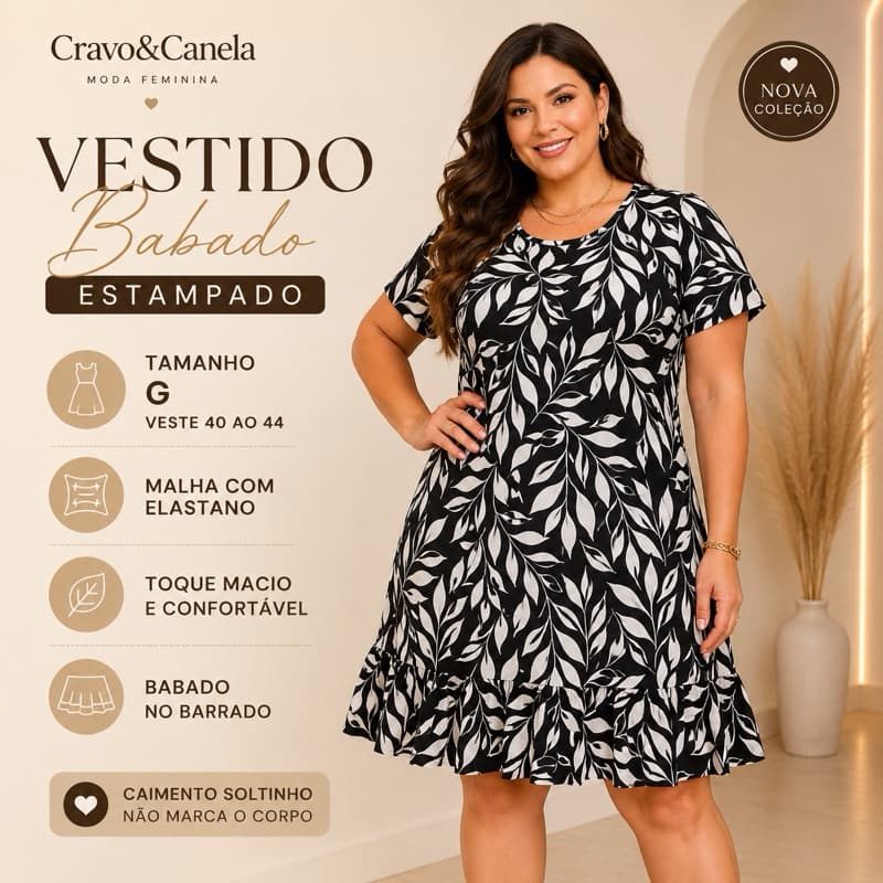 Vestido Feminino Estampado Manga Curta com Babado Soltinho Casual Elegante Tamanho G 40 ao 44