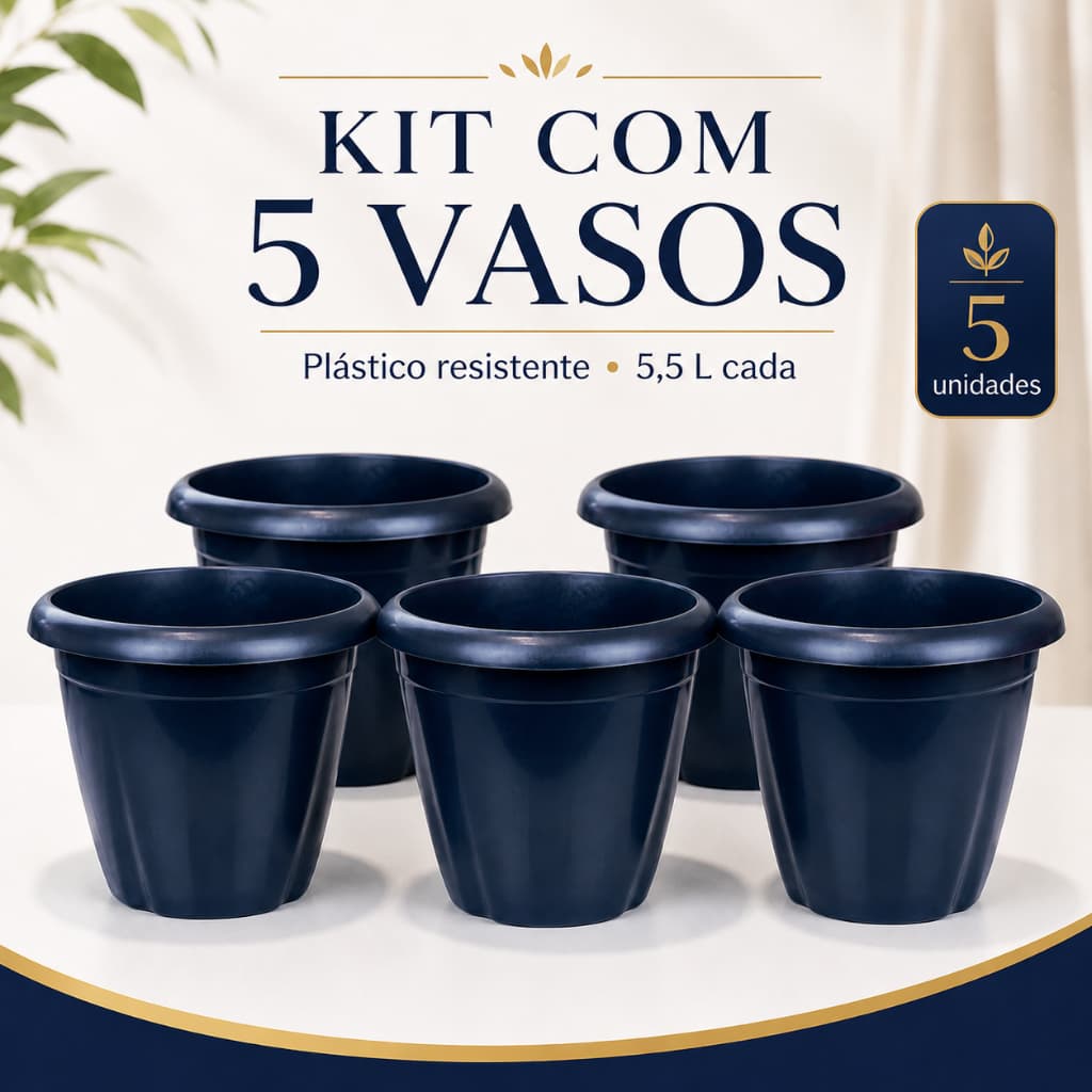 Kit 5 Vasos Plásticos para Plantas 5,5L 21cm Redondo Preto Resistente Jardim e Varanda
