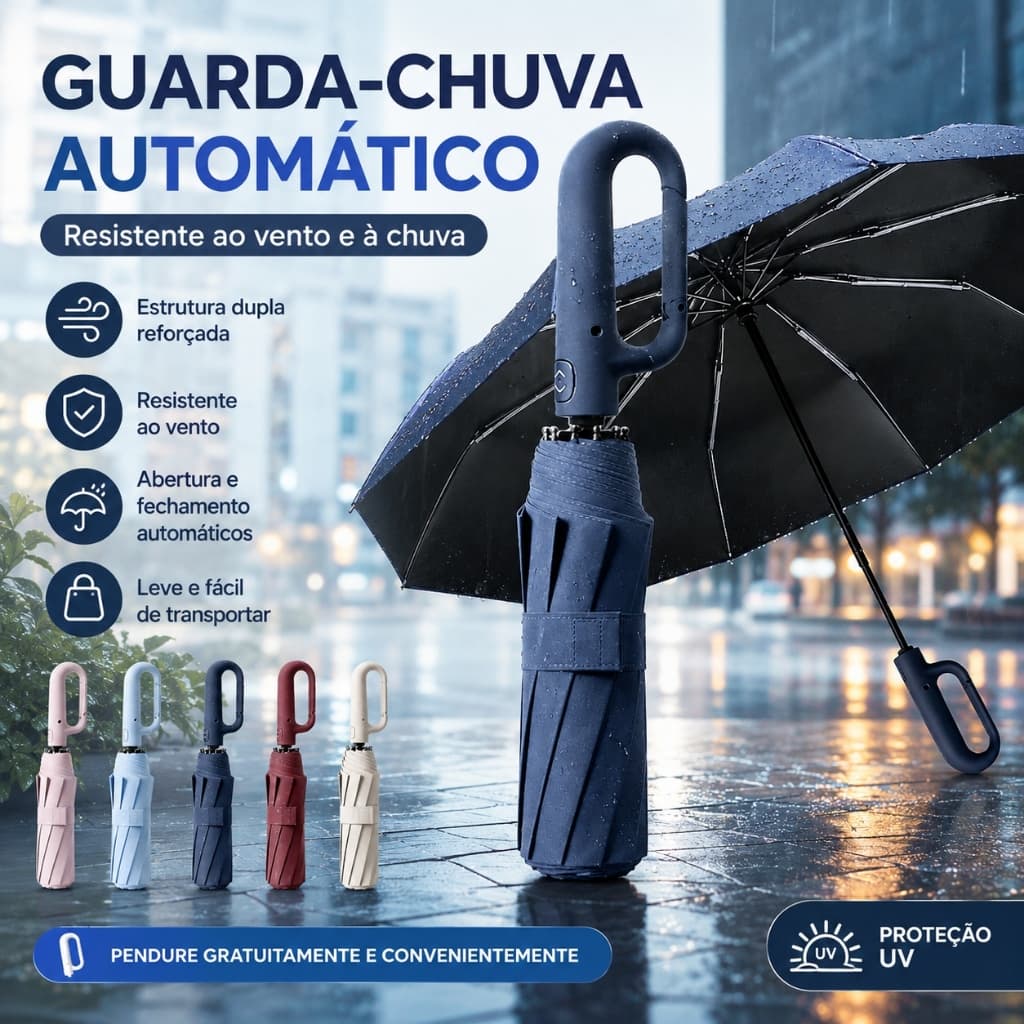 Guarda‑chuva Automático Portátil com Alça Gancho, UPF50+ Proteção UV, Resistente ao Vento, Para Sol e Chuva, 8 Cores