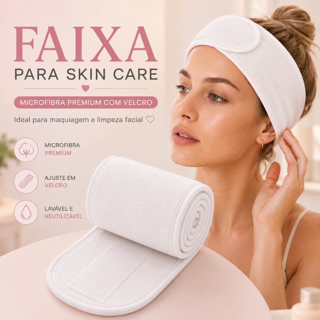 Faixa de Cabelo para Skincare e Maquiagem com Velcro Ajustável Spa Microfibra Branca