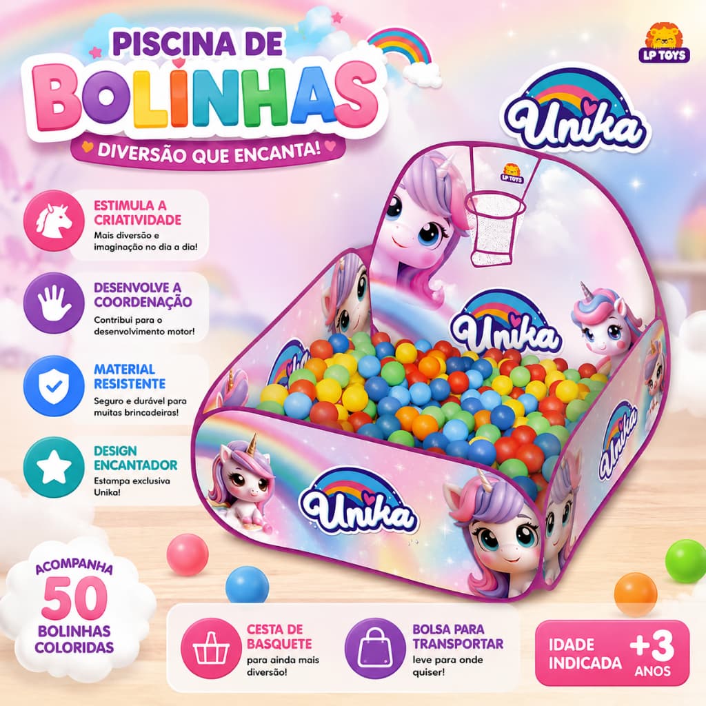 Barraca Infantil Dobrável Barraca Piscina com Bolinhas Coloridas Tema Unicornios