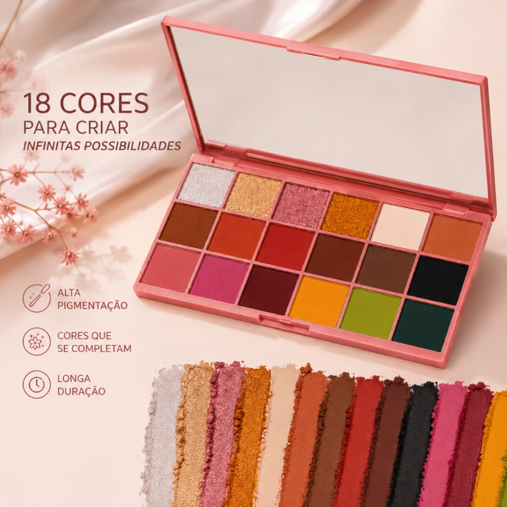 Paleta de Sombras 18 Cores Lua & Neve  Crie maquiagens para qualquer ocasião com a Paleta de Sombras Lua & Neve 18 Cores