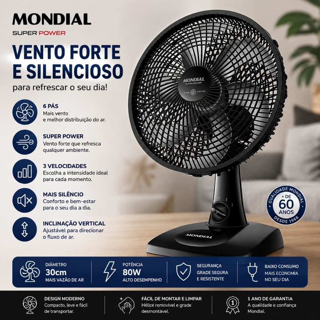 Ventilador de Mesa Mondial Super Power 30cm 6 Pás 127V 3 Velocidades Silencioso
