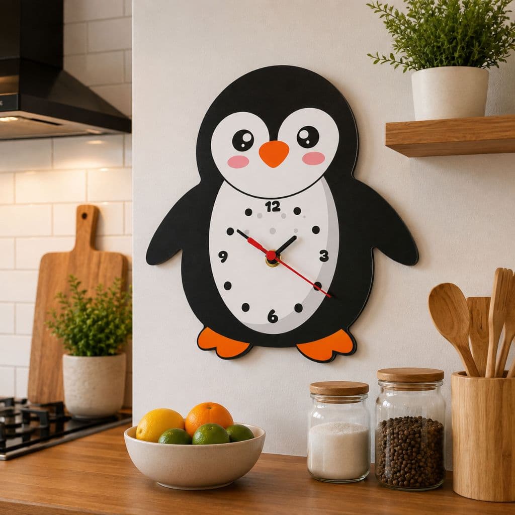 Relógio de Parede Pinguim em Mdf Preto Para Cozinha Sala Casa e Decoração Relógio Analógico