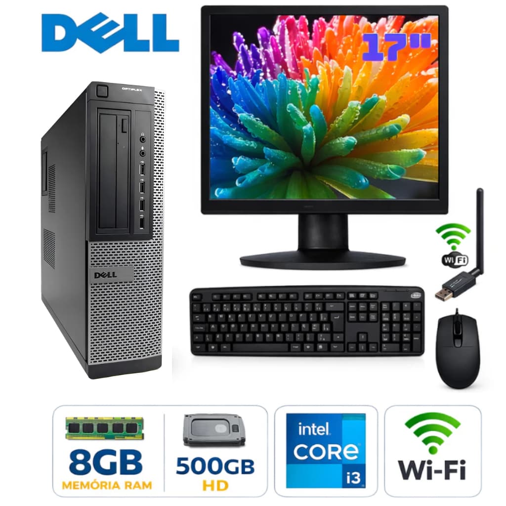 Computador Dell Completo HD 500gb Core i3 8 Ram Ddr3 Tela 17" Teclado Mouse Wifi Trabalho Estudo