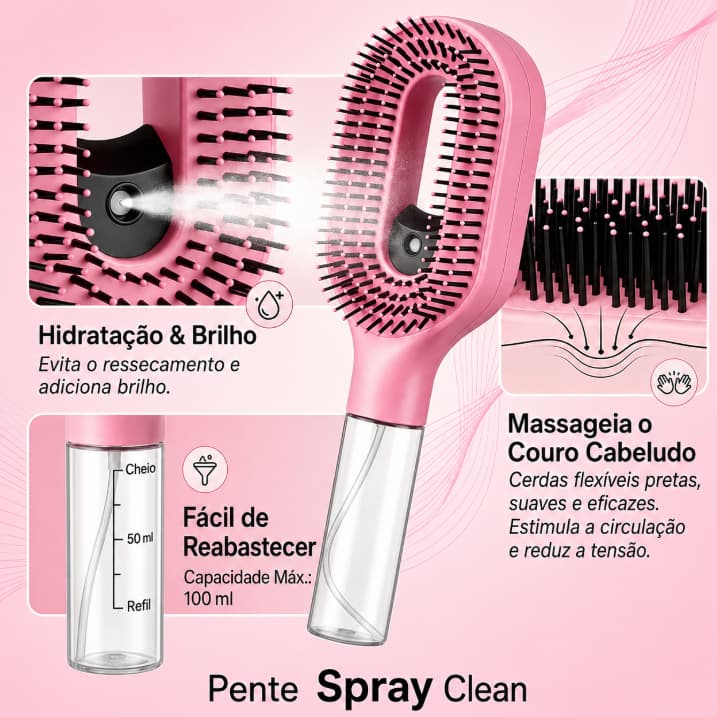 escova spray 2 em 1 desembaraçadora com borrifador e reservatório de água